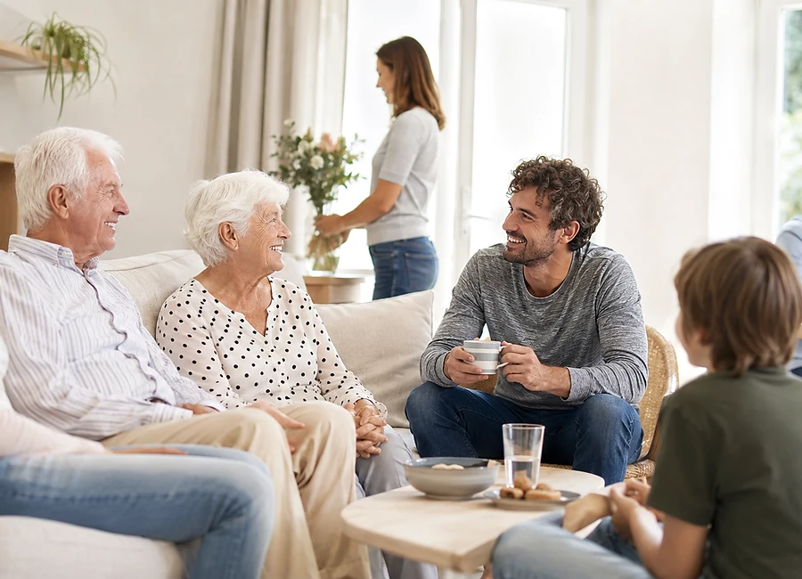 Menschen verschiedener Generationen in einem hellen Gemeinschaftsraum